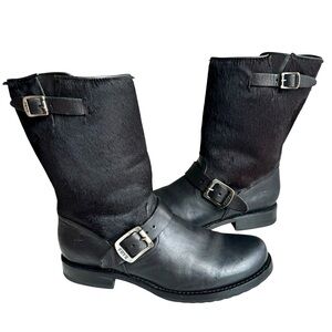 FRYE Veronica Engineer Boots Black Pony Hair